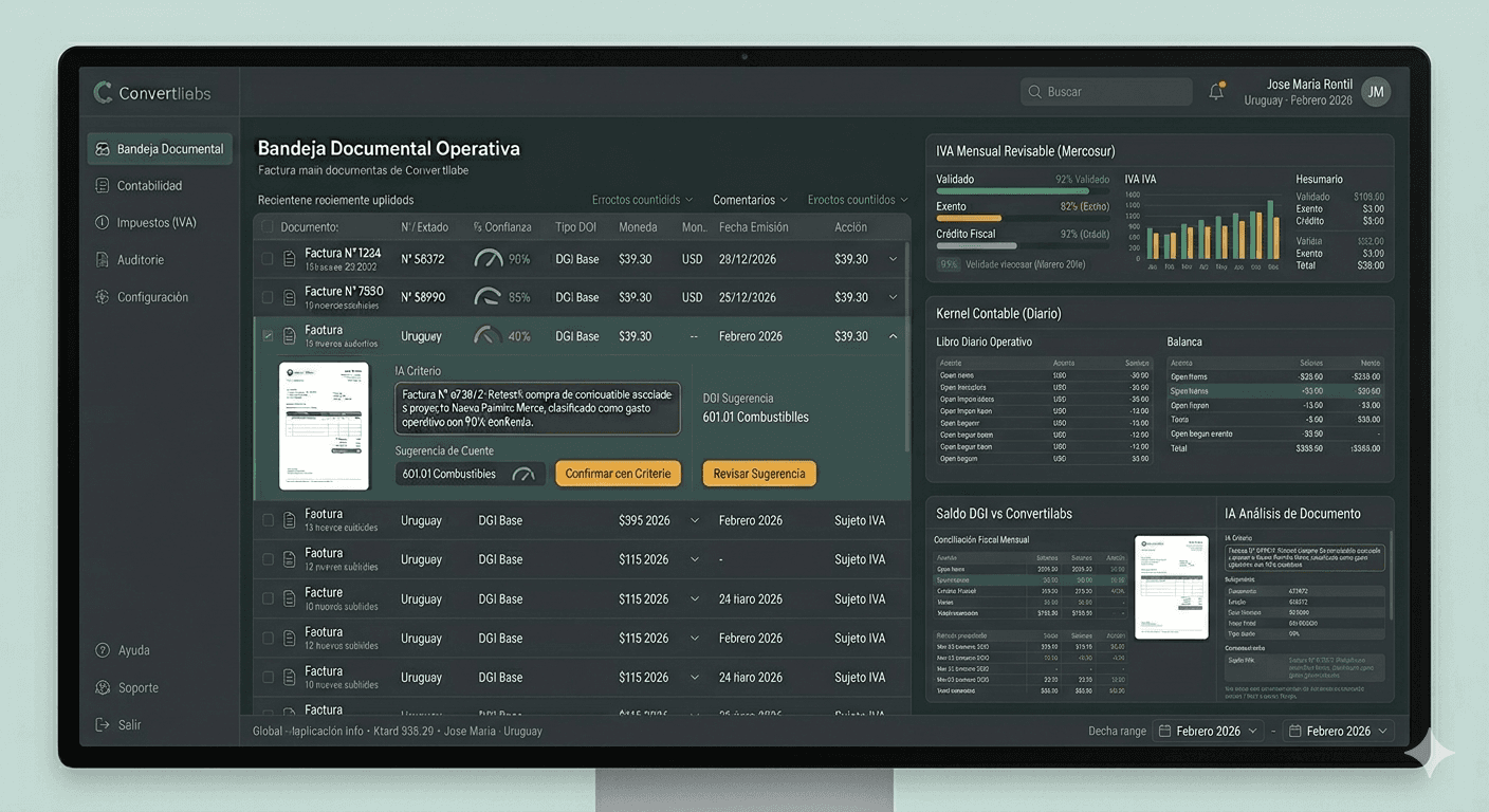 Dashboard de Convertilabs en desktop mostrando bandeja documental, IVA y auditoría